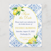 Blue Tile Floral Lemon Bridal Shower Save the Date ポストカード (正面)