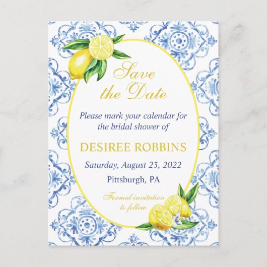 Blue Tile Floral Lemon Bridal Shower Save the Date ポストカード (正面)