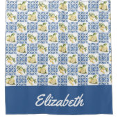 Blue Tile French Country Lemon Custom Name シャワーカーテン (正面)