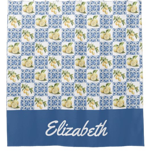 Blue Tile French Country Lemon Custom Name シャワーカーテン (正面)