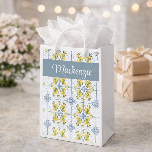 Blue Tile French Country Lemon Name Monogram スモールペーパーバッグ