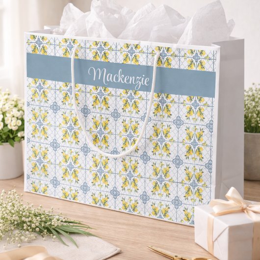 Blue Tile French Country Lemon Name Monogram ラージペーパーバッグ