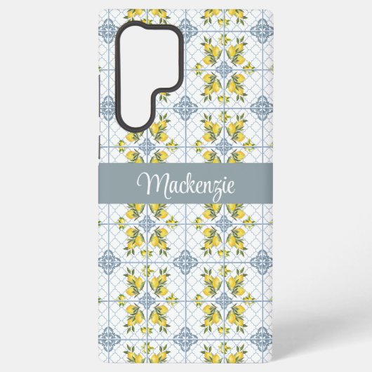 Blue Tile French Country Lemon Name Monogram Samsung Galaxyケース (裏面)