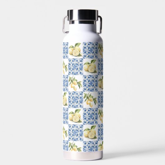 Blue Tile French Country Lemon Pattern ウォーターボトル (正面)