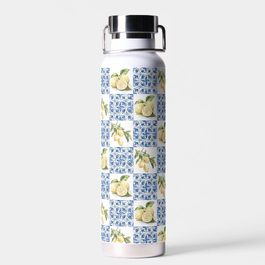 Blue Tile French Country Lemon Pattern ウォーターボトル (背面)