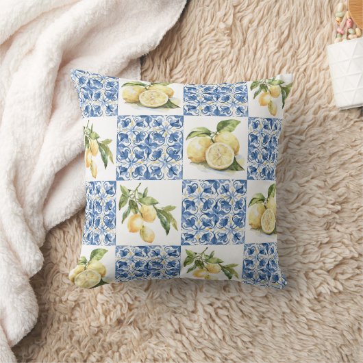 Blue Tile French Country Lemon Pattern クッション (ブランケット)