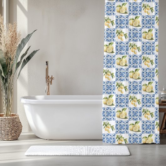 Blue Tile French Country Lemon Pattern シャワーカーテン
