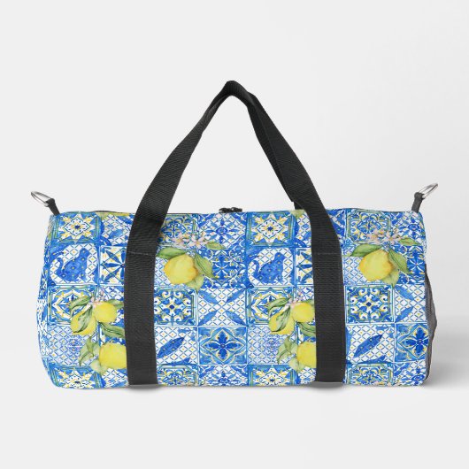 Blue Tile French Country Lemon Pattern ダッフルバッグ (正面)