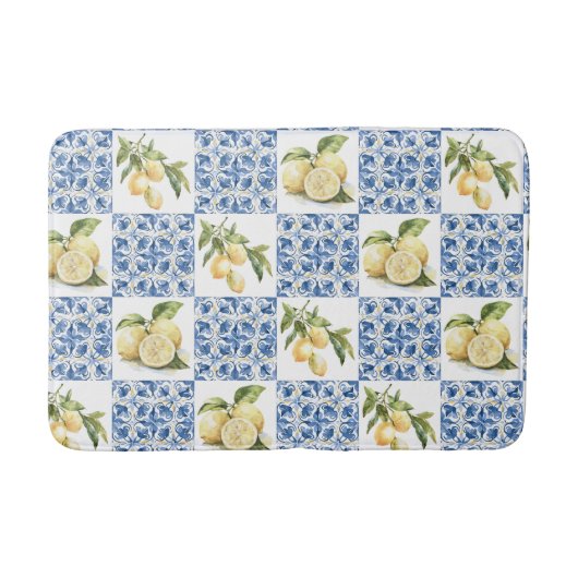 Blue Tile French Country Lemon Pattern バスマット (正面)