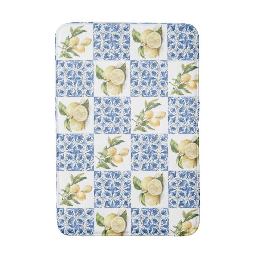 Blue Tile French Country Lemon Pattern バスマット (正面縦)
