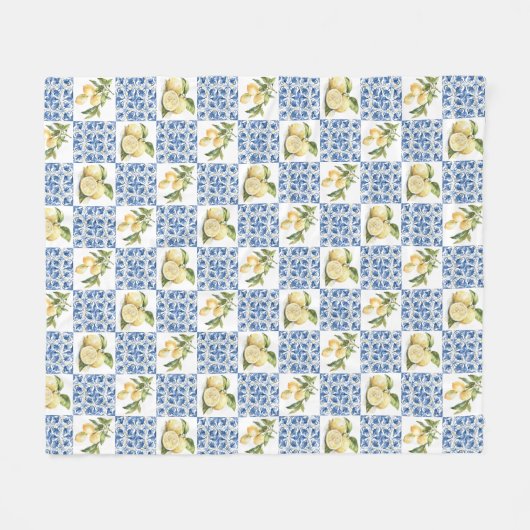 Blue Tile French Country Lemon Pattern フリースブランケット (正面(横))