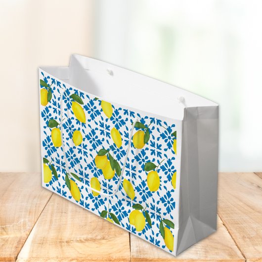 Blue Tile French Country Lemon Pattern ラージペーパーバッグ