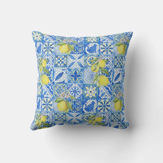 Blue Tile French Country Lemon Pattern Home Decor クッション (裏面)