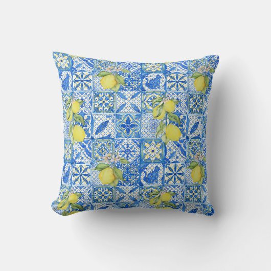Blue Tile French Country Lemon Pattern Home Decor クッション (正面)