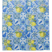 Blue Tile French Country Lemon Pattern Home Decor シャワーカーテン (正面)