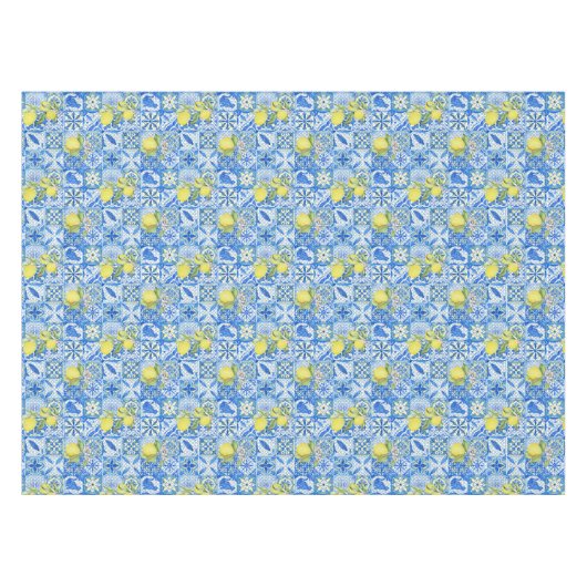 Blue Tile French Country Lemon Pattern Home Decor テーブルクロス (正面(横))
