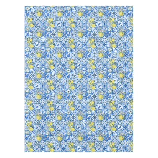 Blue Tile French Country Lemon Pattern Home Decor テーブルクロス (正面)