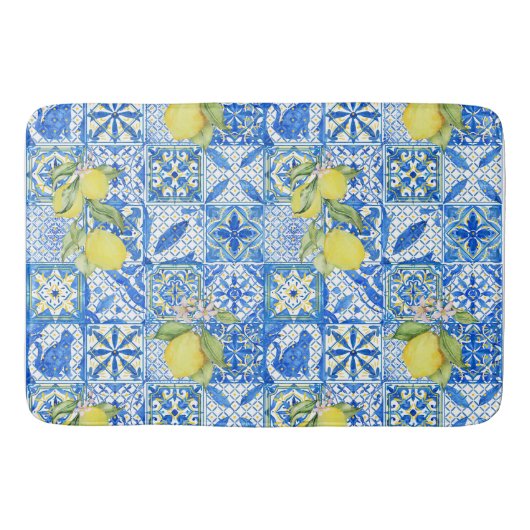 Blue Tile French Country Lemon Pattern Home Decor バスマット (正面)