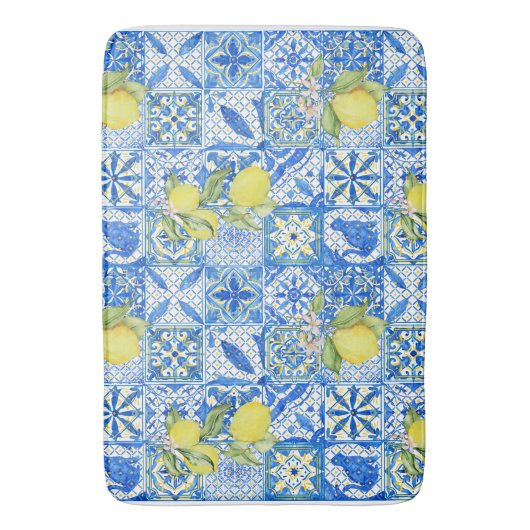 Blue Tile French Country Lemon Pattern Home Decor バスマット (正面縦)