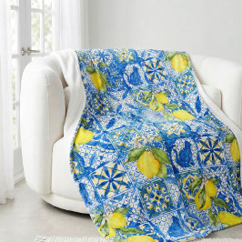 Blue Tile French Country Lemon Pattern Home Decor フリースブランケット
