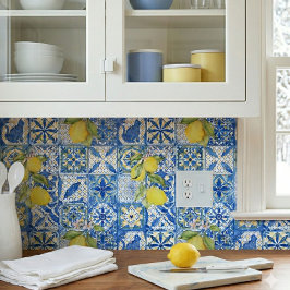 Blue Tile French Country Lemon Pattern Home Decor 壁紙