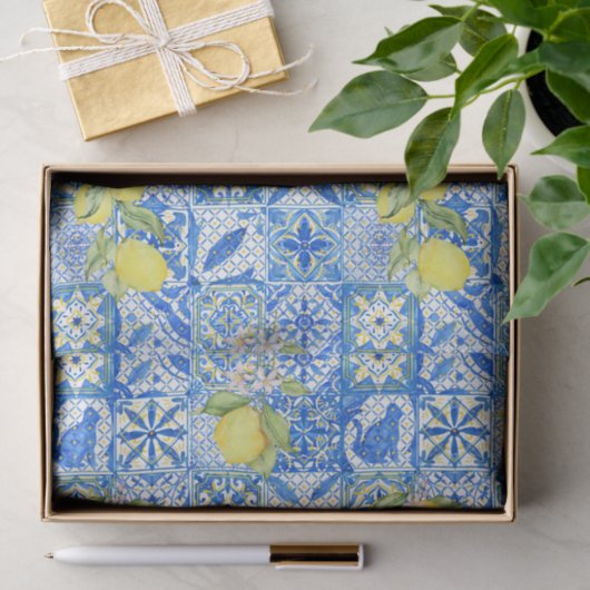 Blue Tile French Country Lemon Pattern Home Decor 薄葉紙 (ギフト)