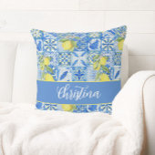 Blue Tile French Country Lemon Pattern Monogram クッション