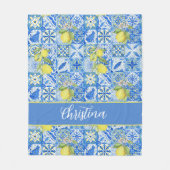 Blue Tile French Country Lemon Pattern Monogram フリースブランケット (正面)