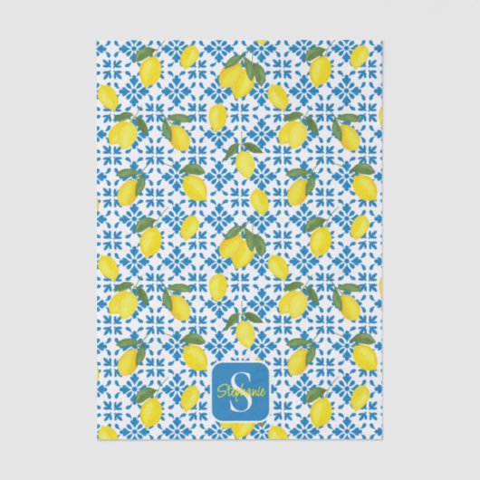 Blue Tile French Country Lemon Pattern Monogram  薄葉紙 (正面)