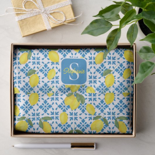 Blue Tile French Country Lemon Pattern Monogram  薄葉紙 (ギフト)