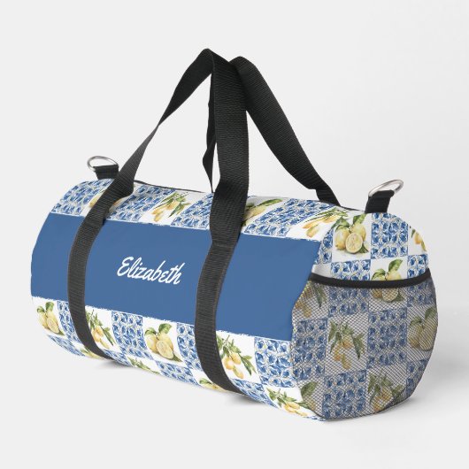 Blue Tile French Country Lemon Pattern Name ダッフルバッグ (右コーナー)