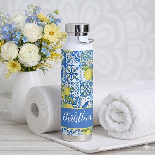 Blue Tile French Country Lemon Pattern Provencal ウォーターボトル