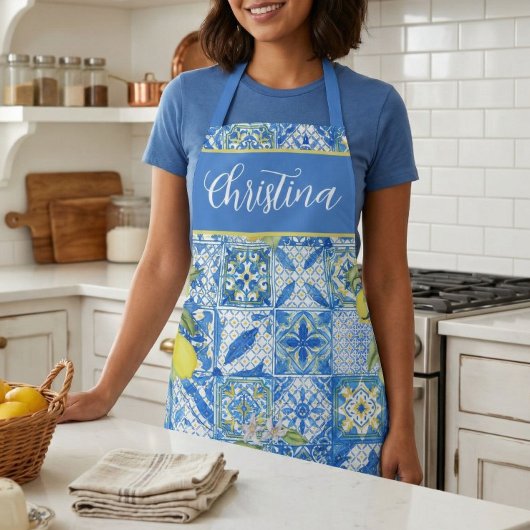 Blue Tile French Country Lemon Pattern Provencal エプロン