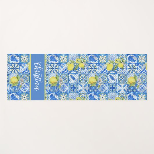 Blue Tile French Country Lemon Pattern Provencal ヨガマット (正面(横))