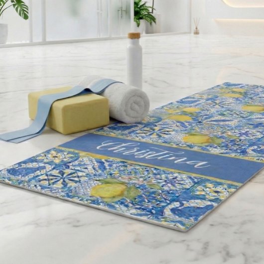 Blue Tile French Country Lemon Pattern Provencal ヨガマット