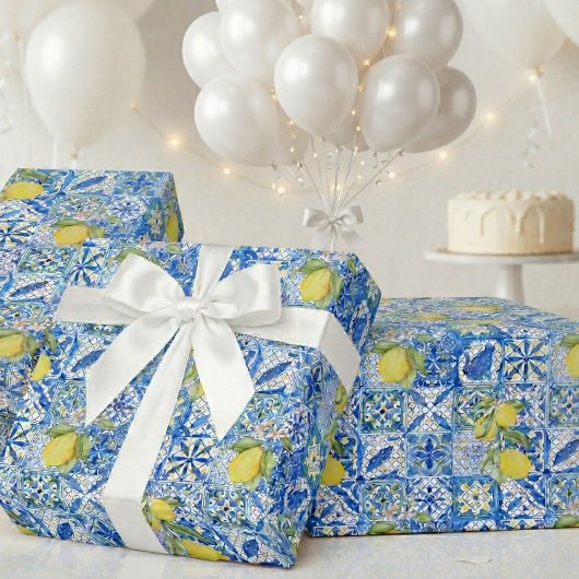 Blue Tile French Country Lemon Pattern Provencal ラッピングペーパー