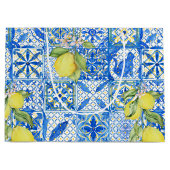 Blue Tile French Country Lemon Pattern Provencal ラージペーパーバッグ (正面)