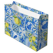Blue Tile French Country Lemon Pattern Provencal ラージペーパーバッグ (正面アングル)