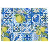 Blue Tile French Country Lemon Pattern Provencal ラージペーパーバッグ (裏面)