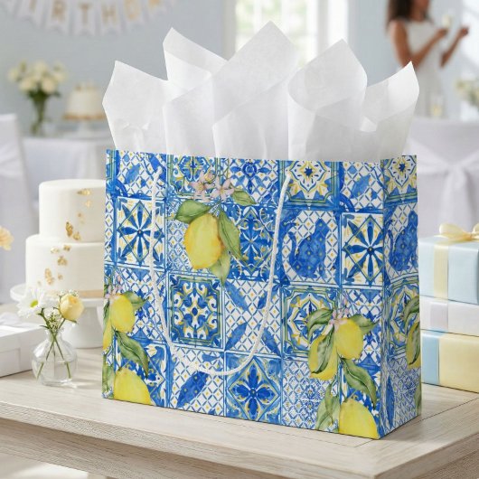 Blue Tile French Country Lemon Pattern Provencal ラージペーパーバッグ