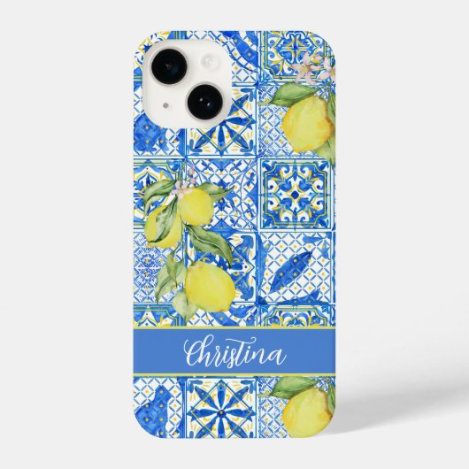 Blue Tile French Country Lemon Pattern Provencal iPhoneケース (裏面)