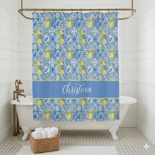 Blue Tile French Country Lemon Pattern Shower Curt シャワーカーテン