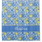 Blue Tile French Country Lemon Pattern Shower Curt シャワーカーテン (正面)