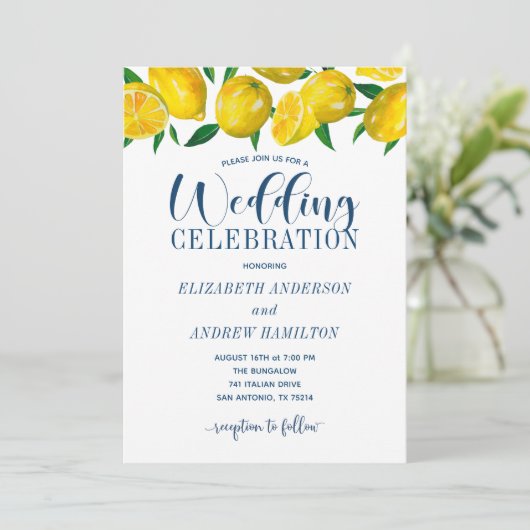 Blue Tile Italian Lemon Wedding Invitation 招待状 (スタンド正面)