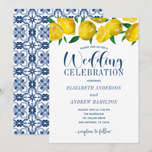 Blue Tile Italian Lemon Wedding Invitation 招待状 (正面/裏面)