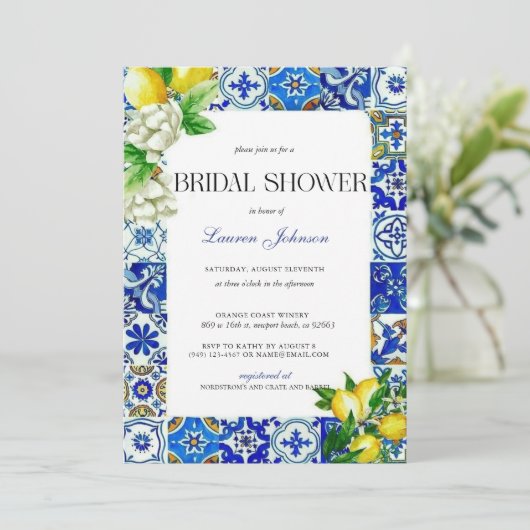 Blue Tile Lemon Italian Bridal Shower 招待状 (スタンド正面)