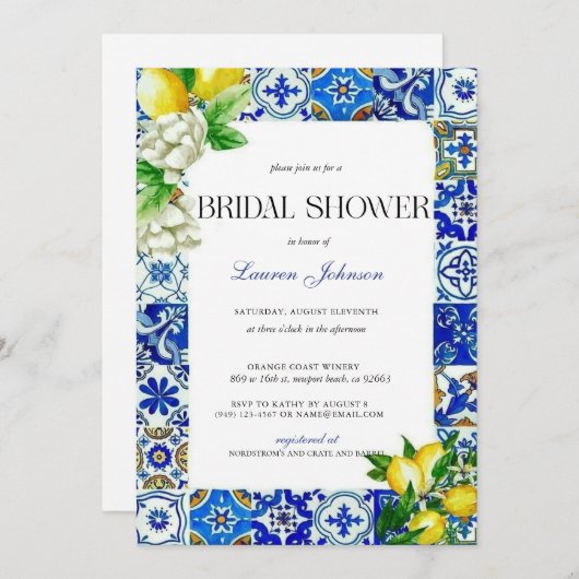 Blue Tile Lemon Italian Bridal Shower 招待状 (正面/裏面)