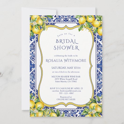 Blue Tile Lemon Mediterranean Bridal Shower 招待状 (正面)