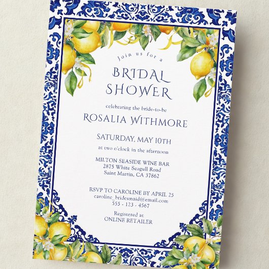 Blue Tile Lemon Mediterranean Bridal Shower 招待状