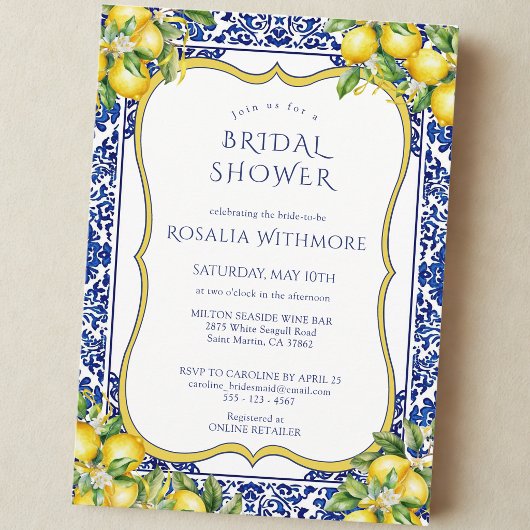 Blue Tile Lemon Mediterranean Bridal Shower 招待状